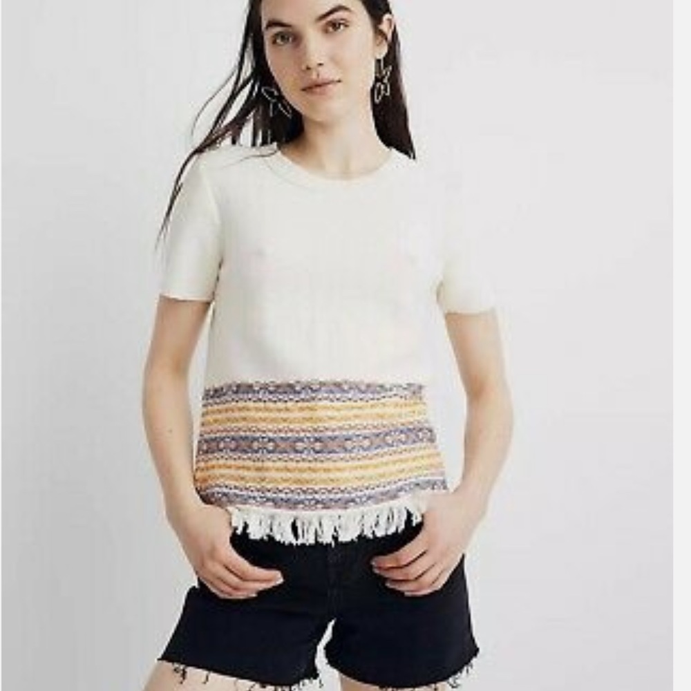 Madewell Sweater Knit Tee Fringe Jacquard Crew Neck Short Sleeve Pearl XXS New